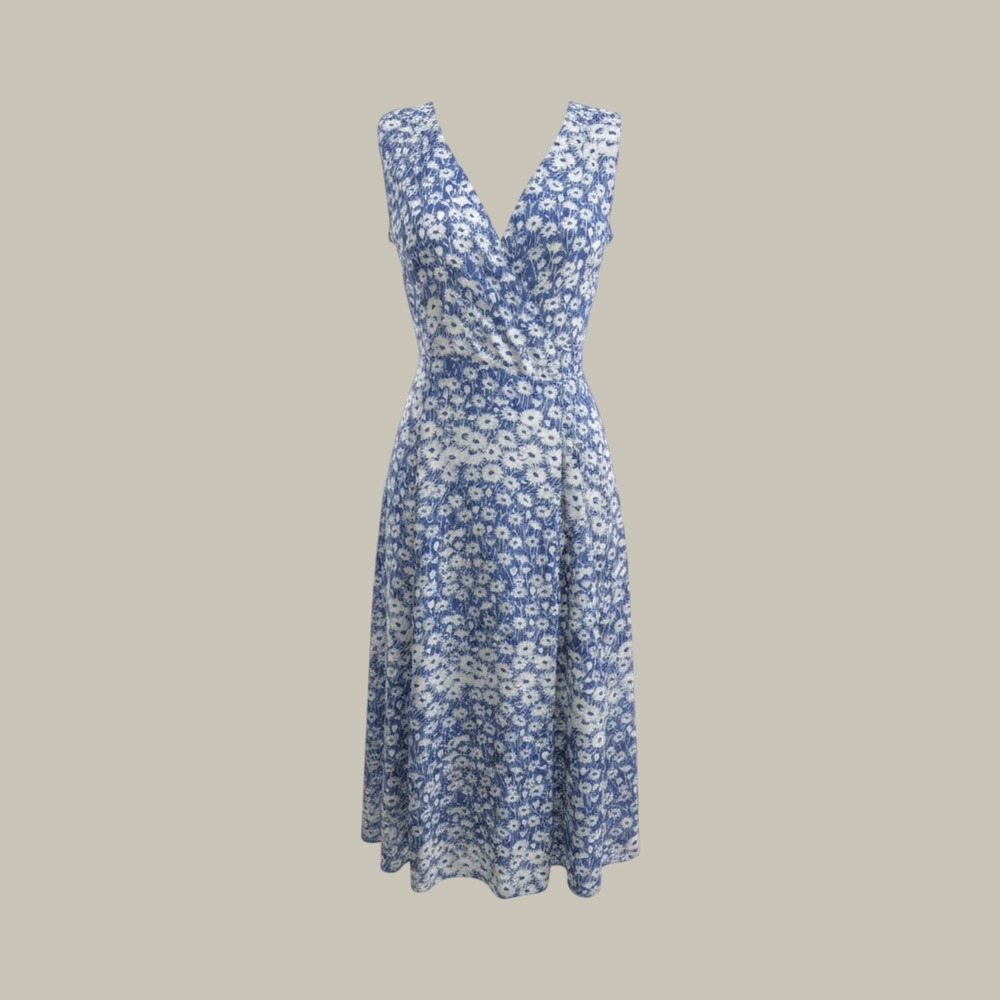 Urban Outfitters Blue White Daisy Floral Wrap Midi Dress Cap Sleeve Small S-P